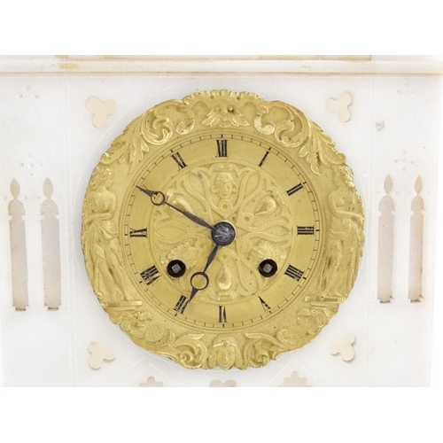 85 - French Alabaster Cathedral Clock : An 8 day Silk Suspension mantle clock striking on a bell with out... 