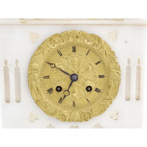 85 - French Alabaster Cathedral Clock : An 8 day Silk Suspension mantle clock striking on a bell with out... 