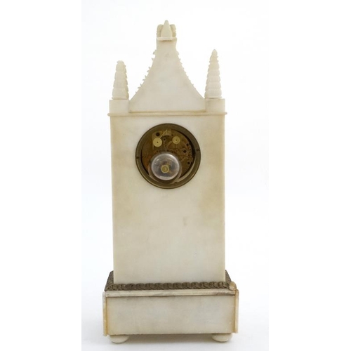 85 - French Alabaster Cathedral Clock : An 8 day Silk Suspension mantle clock striking on a bell with out... 