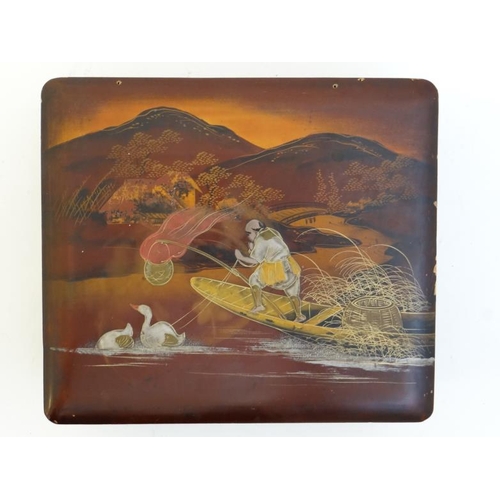 856 - A C.1900 Japanese hinged lidded box with lacquered decoration depicting fisherman with lantern and 2... 