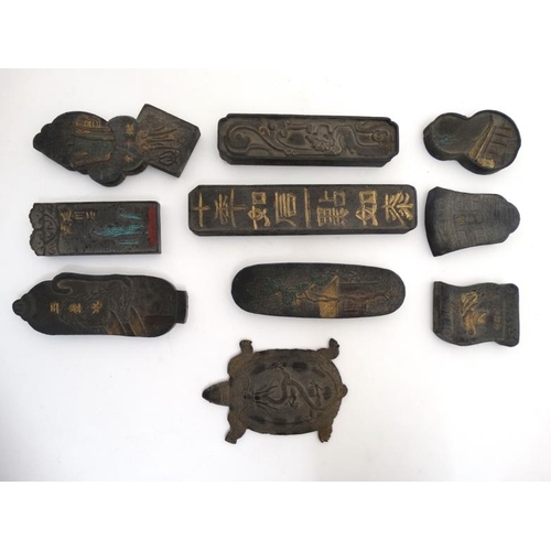 863 - Chinese : An early 20thC cased set of 10 ink blocks  , double sided, some with polychrome decoration... 