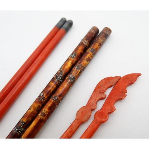 864 - 19thC Chopsticks to include a pair of red stained ivory examples with white metal mounts, enamel dec... 