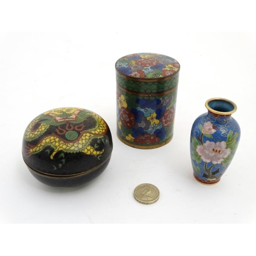 867 - Assorted Cloisonné items:  A small gilt baluster shaped vase, a cylindrical lidded container  and a ... 