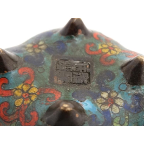 868 - A Chinese Cloisionne quatrefoil shaped four foot censer . Marked under with 4 character 4 1/2'' wide