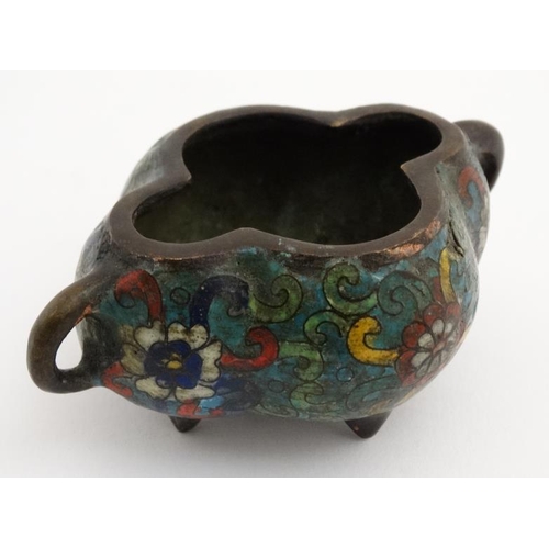 868 - A Chinese Cloisionne quatrefoil shaped four foot censer . Marked under with 4 character 4 1/2'' wide