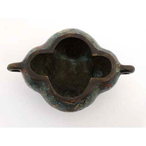 868 - A Chinese Cloisionne quatrefoil shaped four foot censer . Marked under with 4 character 4 1/2'' wide