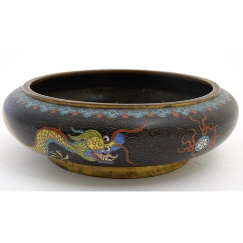 870 - A signed cloisonne gilt metal and enamel bowl with image of 5 toed dragon with four character mark u... 