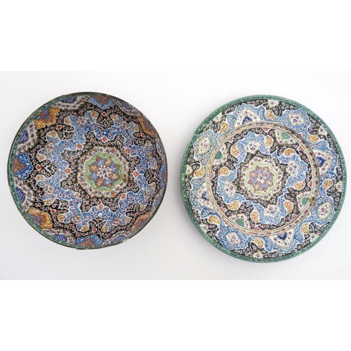 876 - A 20thC Persian enamelled pedestal bowl and matching plate. The plate 9 3/4'' diameter