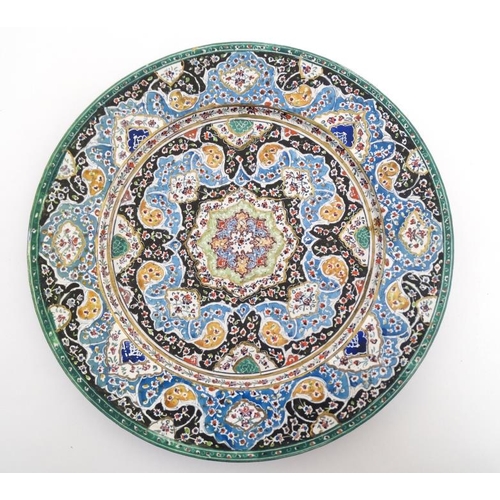 876 - A 20thC Persian enamelled pedestal bowl and matching plate. The plate 9 3/4'' diameter