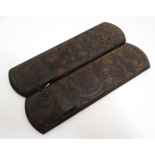 883 - A 19thC Anglo Chinese carved hardwood brush holder with blind fret carving to the exterior approx 7 ... 