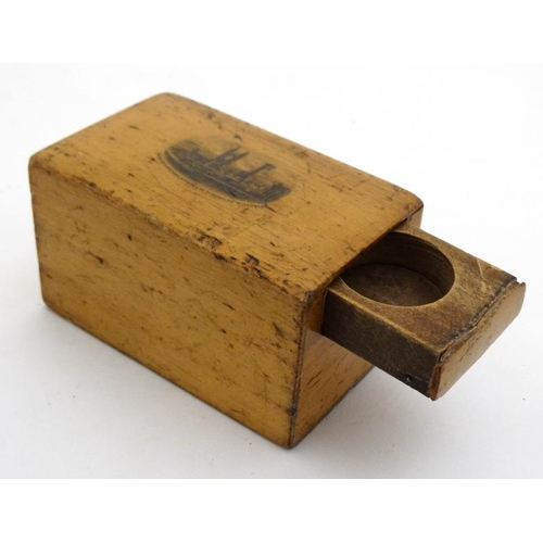 884 - Mauchline Ware : An unusual money box with coin slide drawer to side and having trap door feature. W... 