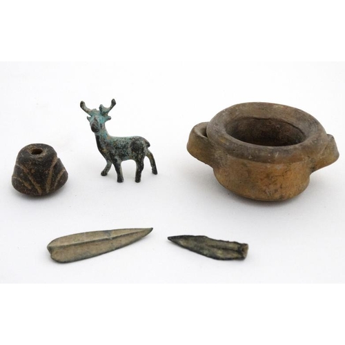 886 - Items to include a bronze antelope, small toggle, arrow head and small two handled pot . Understood ... 