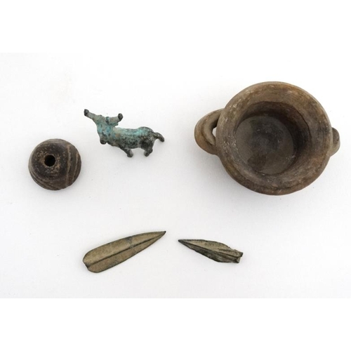 886 - Items to include a bronze antelope, small toggle, arrow head and small two handled pot . Understood ... 