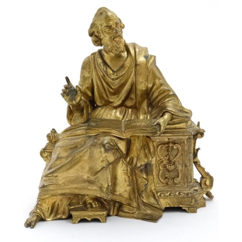 898 - A 19thC gilded bronze figure 'Lois d'  Athenes '  depicting a seated scholar leaning upon a pillar A... 