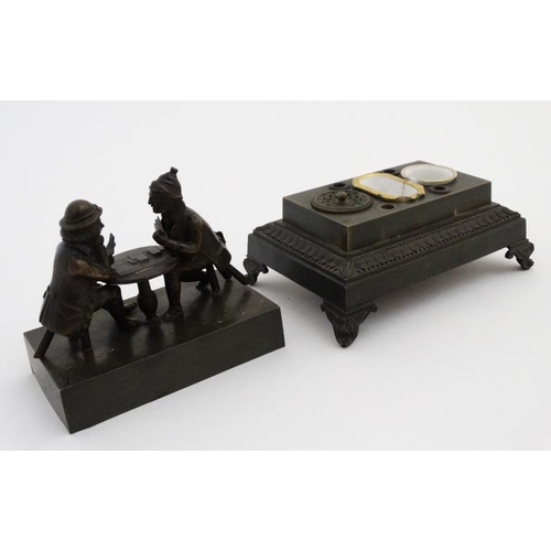 899 - A French 19thC patinated bronze inkstand / standish , the squared cover having a figurative tableau ... 