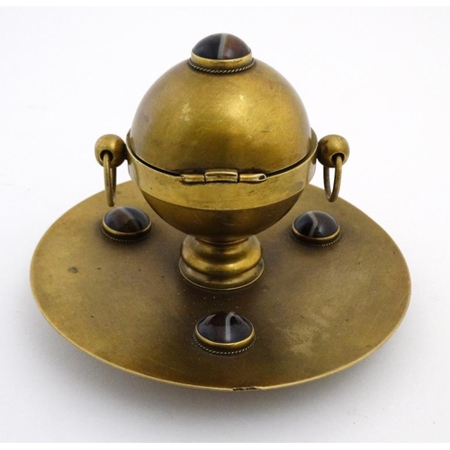 901 - A Victorian brass inkstand decorated with banded agate cabochon and hinged orb style inkwell within.... 