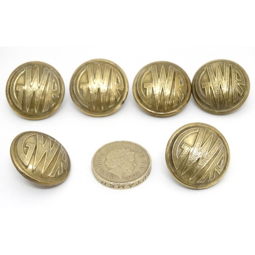 916 - Buttons - Great Western Railways: 6 gilt metal buttons marked 'GWR ' approx 1'' diameter