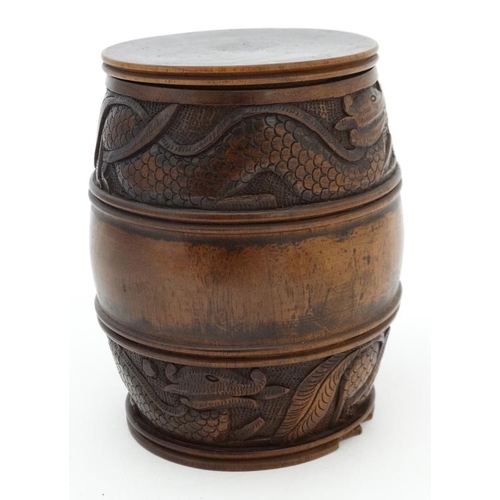 917 - Treen : Anglo Chinese carved walnut tobacco barrel with lead liner and decorated with monogram and d... 