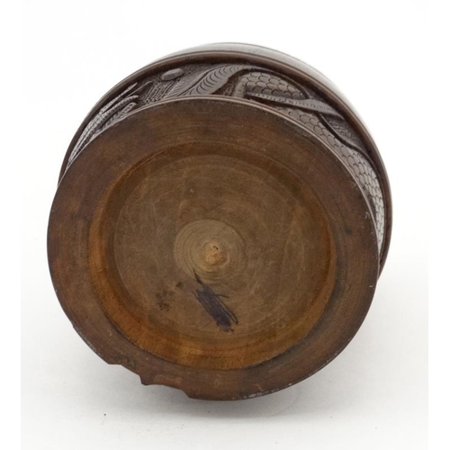 917 - Treen : Anglo Chinese carved walnut tobacco barrel with lead liner and decorated with monogram and d... 