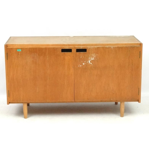 92 - Vintage Retro :   A British university 2 door cabinet on turned shaped legs, opening to reveal two l... 