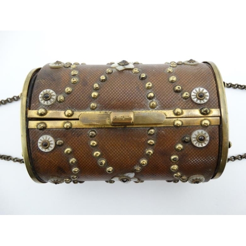 935 - An early 19thC Palais Royal and marcasite with mother of pearl brass and leather covered ladies etui... 