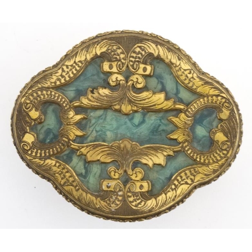 936 - A 19thC malachite and gilt brass quatrefoil shaped jewellery box with 4 lift out trays revealing a v... 