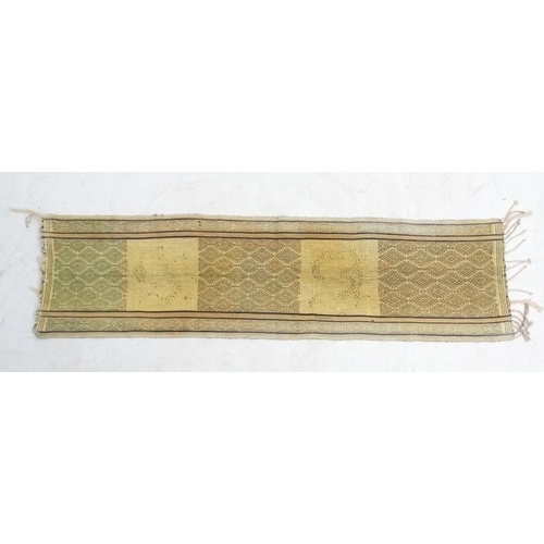 937 - A cotton table runner with pale yellow and green diamond design on a cream ground, having two panels... 