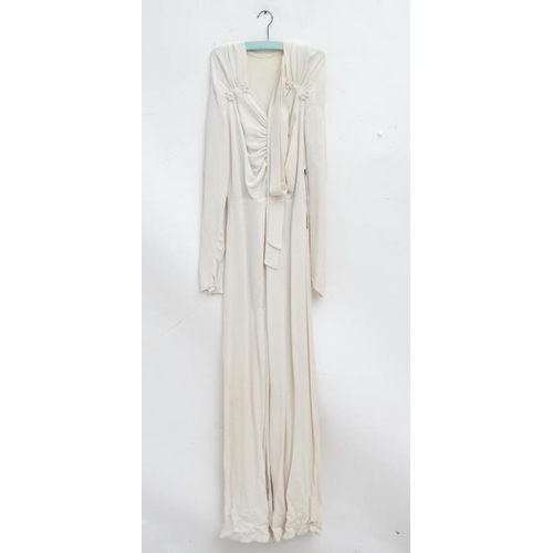 944 - A c1930's cream wedding/evening dress, of crepe style fabric with gathered detail at the front over ... 