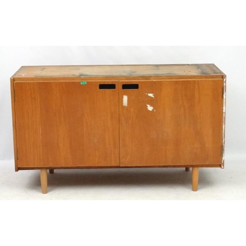 95 - Vintage Retro :    A British university 2 door cabinet on turned shaped legs, opening to reveal two ... 