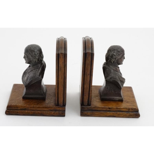 959 - A pair of 20thC bookends both with coppered spelter bust of Shakespeare mounted on oak. 5 5/8'' high