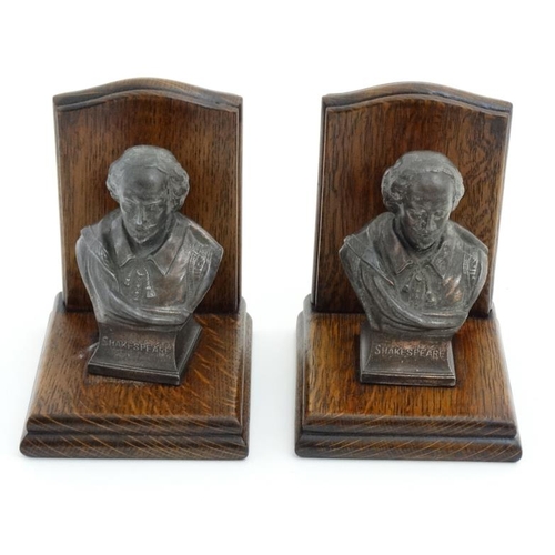 959 - A pair of 20thC bookends both with coppered spelter bust of Shakespeare mounted on oak. 5 5/8'' high