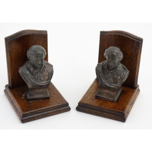 959 - A pair of 20thC bookends both with coppered spelter bust of Shakespeare mounted on oak. 5 5/8'' high