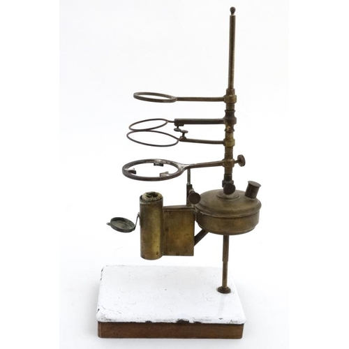 962 - 19thC scientific apparatus. A brass burner  with four adjustable height and sized crucible? holder, ... 