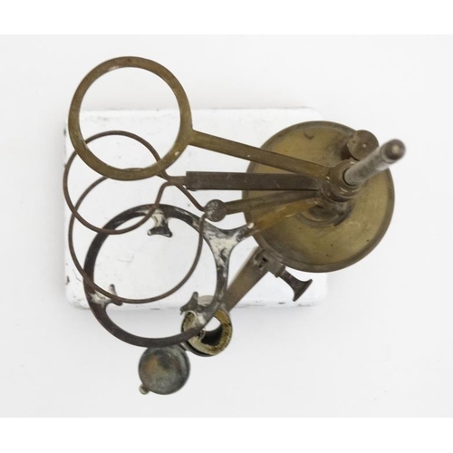 962 - 19thC scientific apparatus. A brass burner  with four adjustable height and sized crucible? holder, ... 