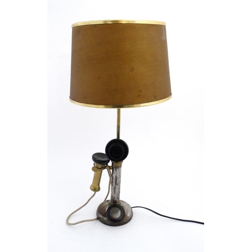 965 - An old electric lamp formed form a candlestick telephone with shade. Approx 25 1/2'' high