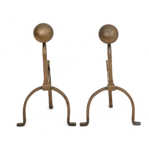 967 - Arts and Crafts :A pair of bronze fire dogs with half Spherical angled ends. 13 1/2'' high (2)