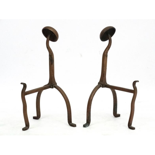 967 - Arts and Crafts :A pair of bronze fire dogs with half Spherical angled ends. 13 1/2'' high (2)