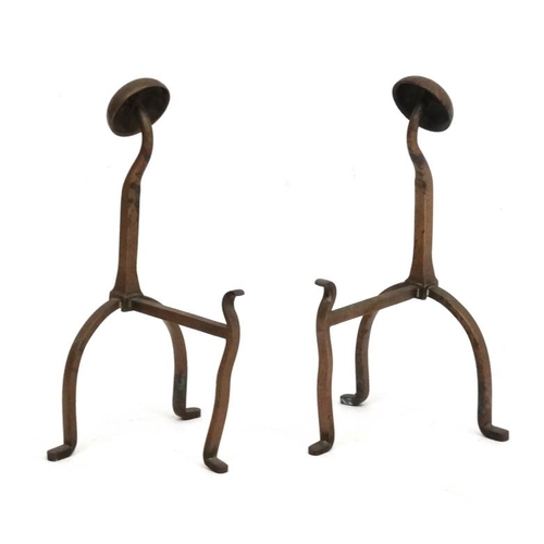 967 - Arts and Crafts :A pair of bronze fire dogs with half Spherical angled ends. 13 1/2'' high (2)