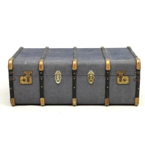 969 - Travelling Trunk : A Eugeno denim like banded travel trunk with lift out tray. Bears South African r... 