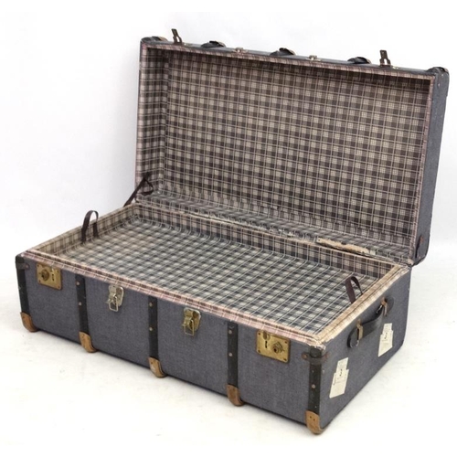 969 - Travelling Trunk : A Eugeno denim like banded travel trunk with lift out tray. Bears South African r... 