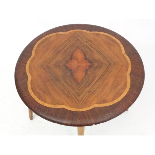 97 - Vintage Retro :  a British rosewood, walnut and satinwood quarter veneered circular occasional table... 