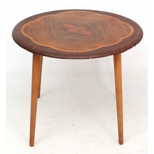 97 - Vintage Retro :  a British rosewood, walnut and satinwood quarter veneered circular occasional table... 