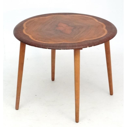 97 - Vintage Retro :  a British rosewood, walnut and satinwood quarter veneered circular occasional table... 