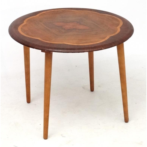 97 - Vintage Retro :  a British rosewood, walnut and satinwood quarter veneered circular occasional table... 