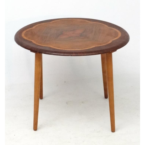 97 - Vintage Retro :  a British rosewood, walnut and satinwood quarter veneered circular occasional table... 