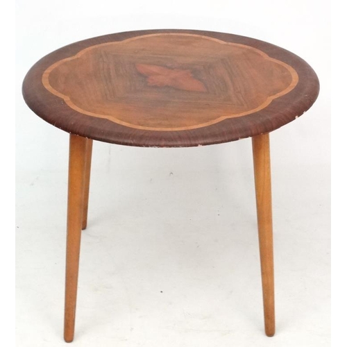 97 - Vintage Retro :  a British rosewood, walnut and satinwood quarter veneered circular occasional table... 