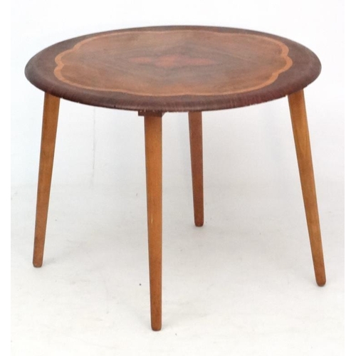 97 - Vintage Retro :  a British rosewood, walnut and satinwood quarter veneered circular occasional table... 