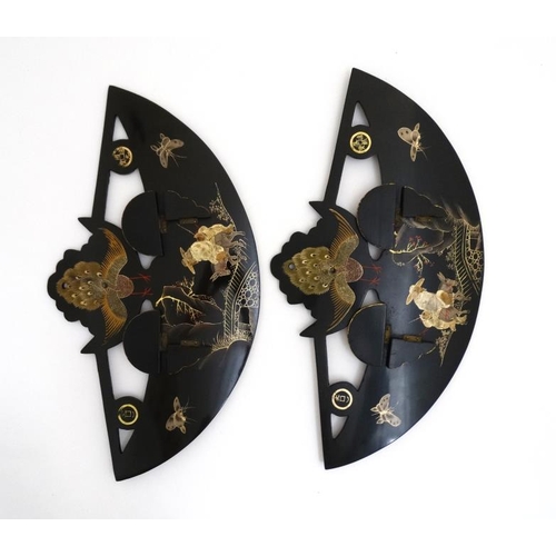 979 - Foochow China Lacquer wares: A pair of demi lune wall hanging folding shelves with figure on a donke... 