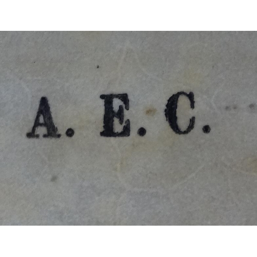 990 - A pair of matching velum suitcases, one brown silk lined, the other canvas lined. each initialled AE... 