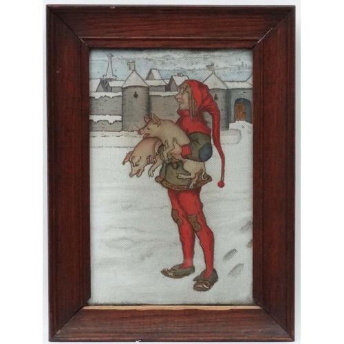 40 - Arts and Crafts c 1900, Oil on unprepared canvas, Nursery Rhyme ? Medieval figure holding two pigs s... 